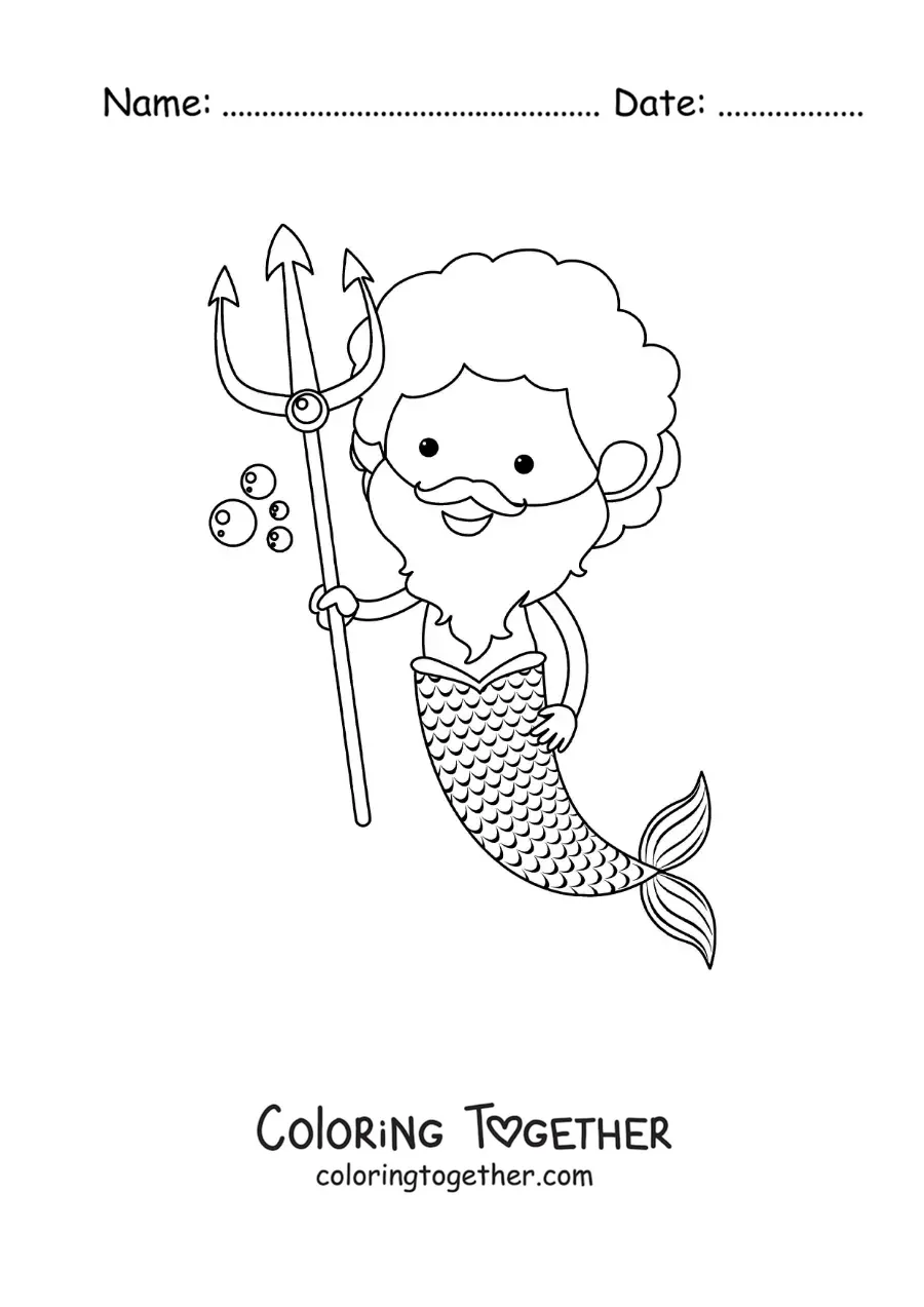 Coloring page of Triton the Greek god in cartoon style