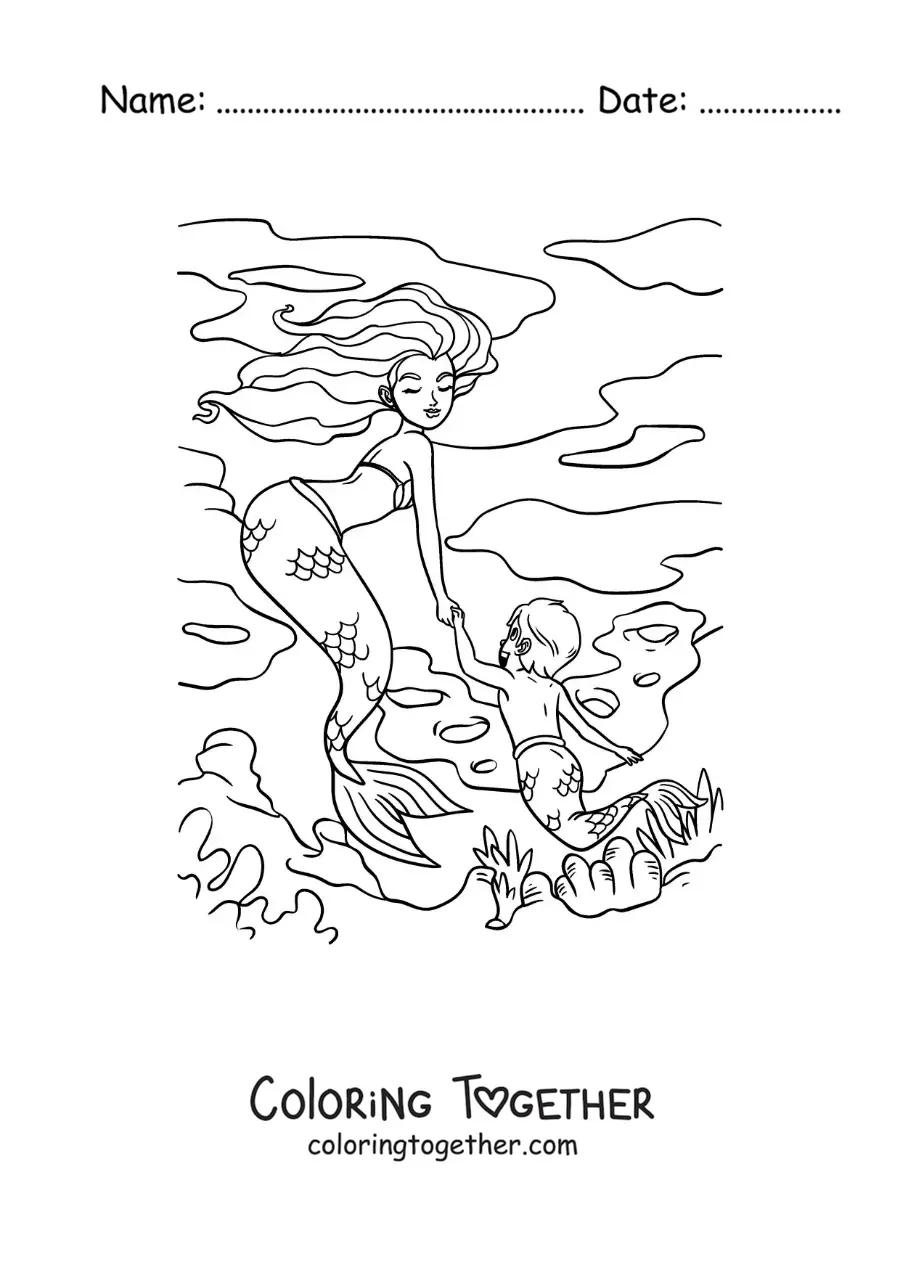 Coloring page of a merman and a mermaid couple swimming in the sea