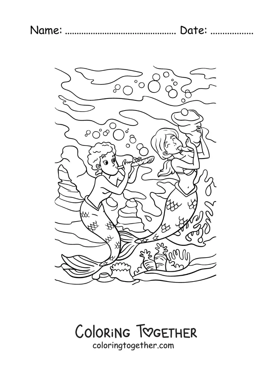 Coloring page of a merman and a mermaid playing music in the sea