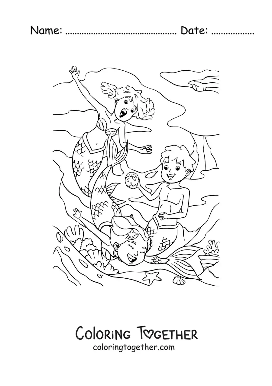 Coloring page of two mermaids and a merman playing in the sea