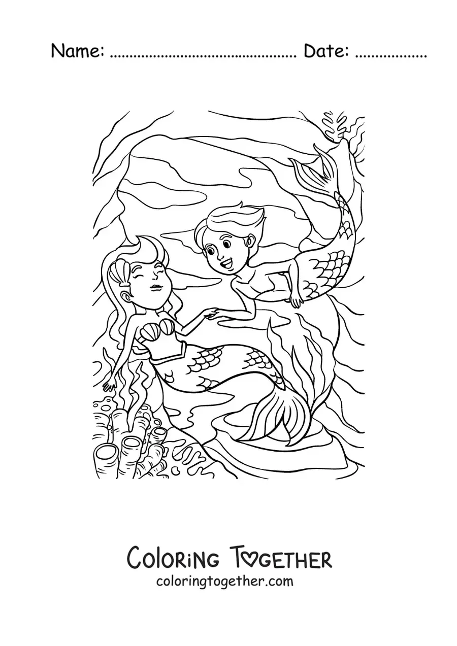 Coloring page of a mermaid and a merman in the sea