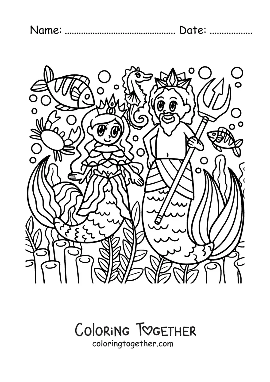 Coloring page of the god Triton and a mermaid in cartoon style