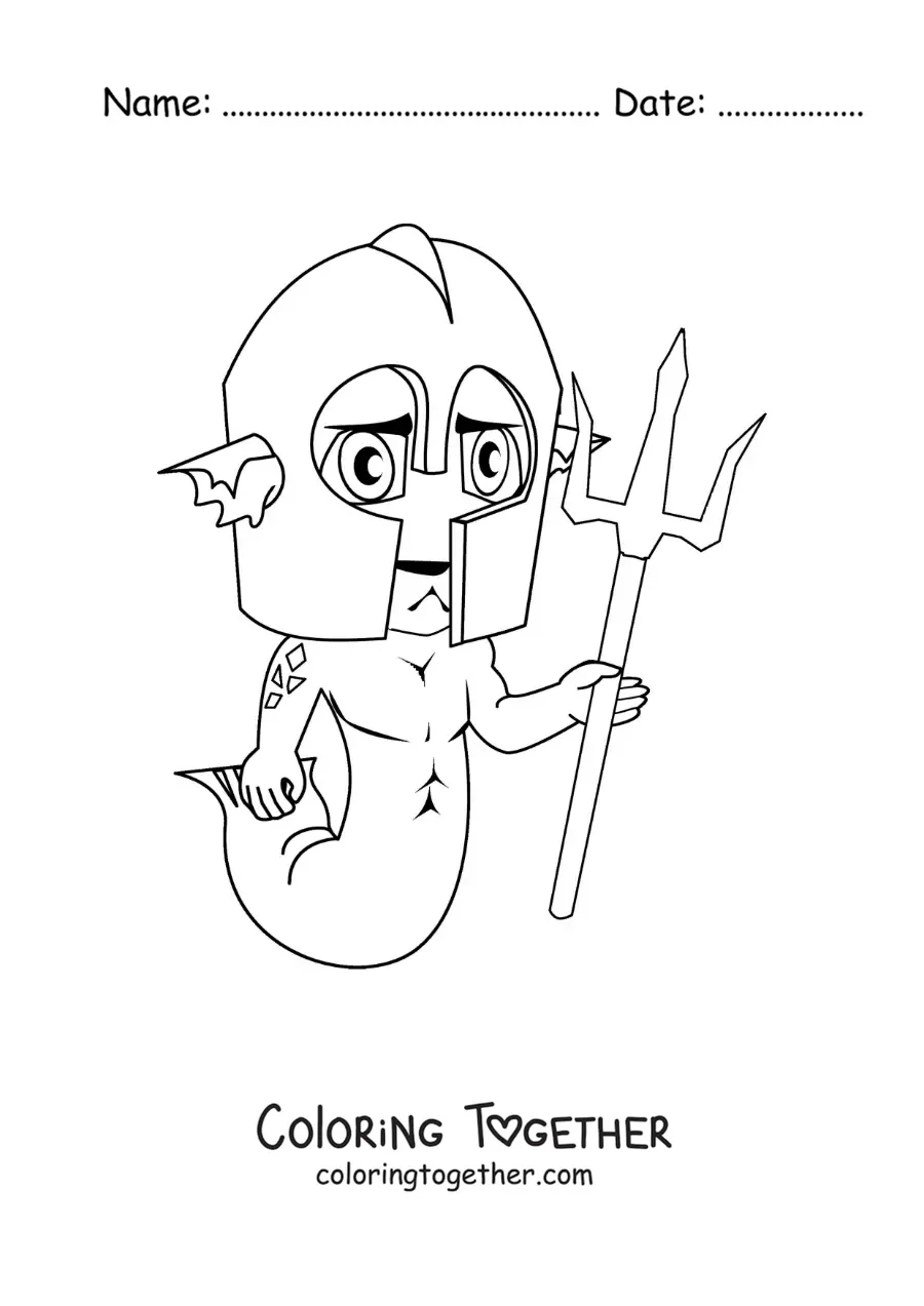 Coloring page of a cartoon merman with a helmet