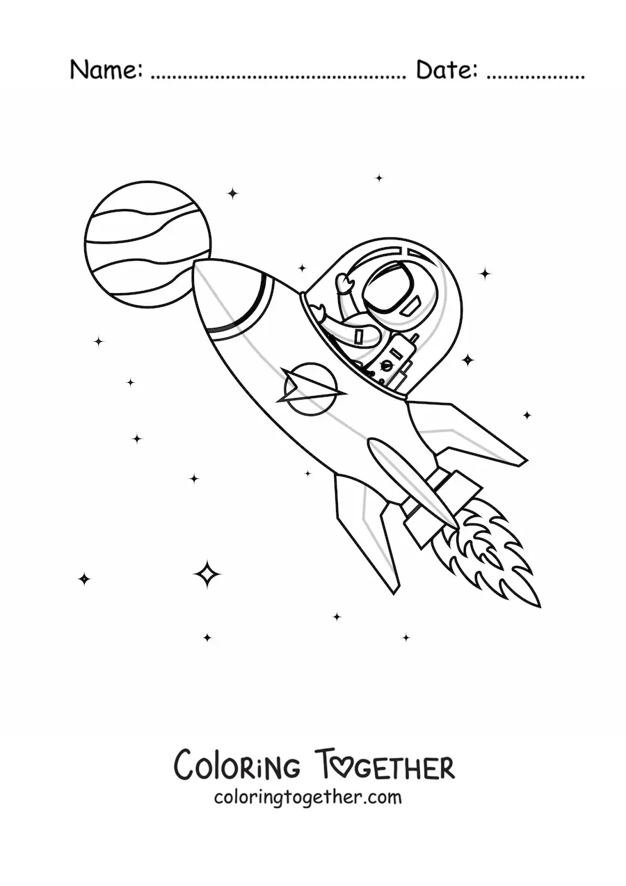 Coloring page of an astronaut piloting a spaceship