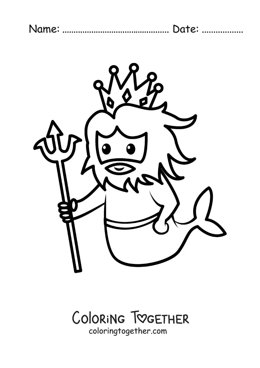Coloring page of the god Triton from Greek mythology in kawaii style