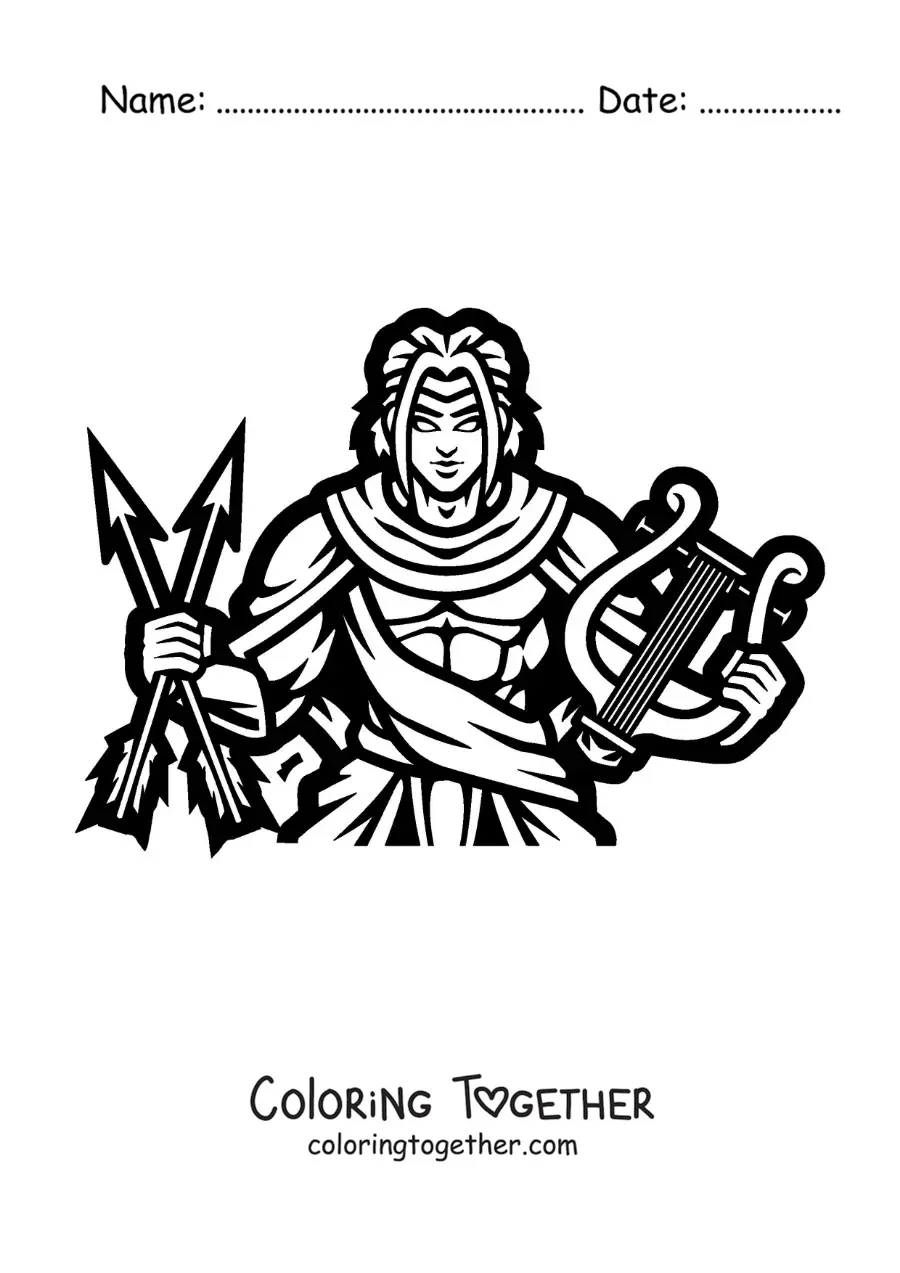 Coloring page of Apollo with his lyre and arrows