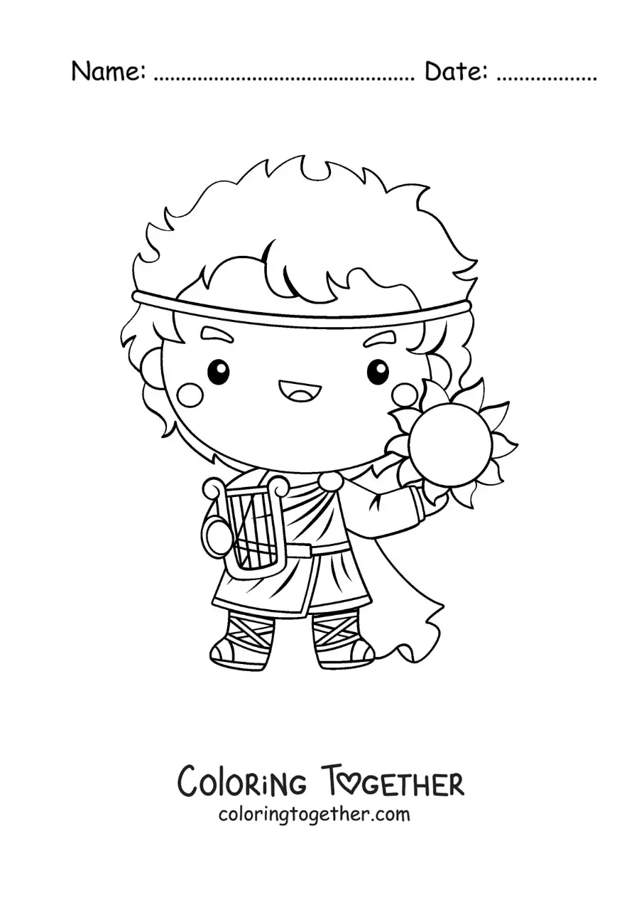 Coloring page of Apollo the sun god in kawaii cartoon style