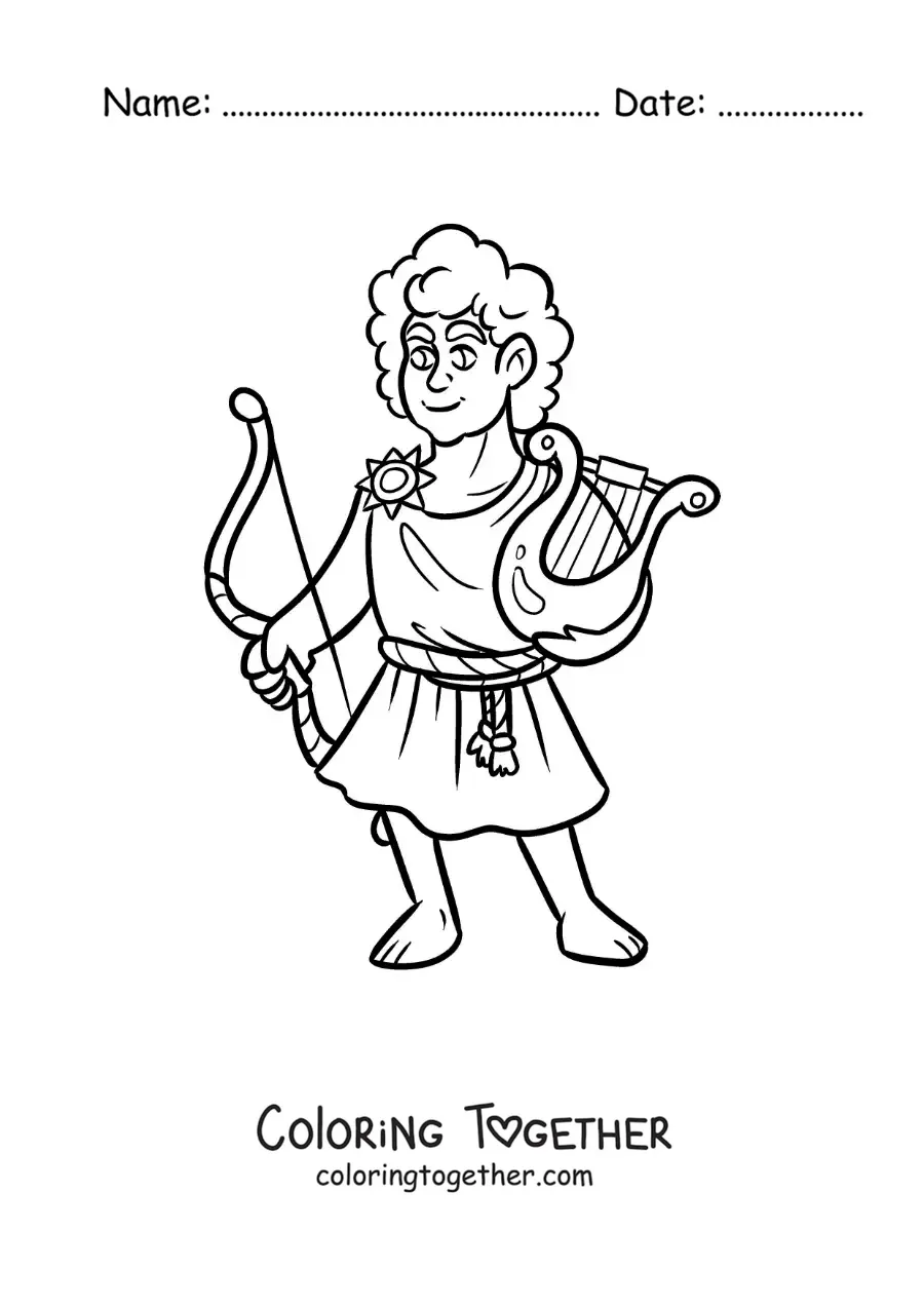 Coloring page of the Greek god Apollo in cartoon style with his lyre and bow