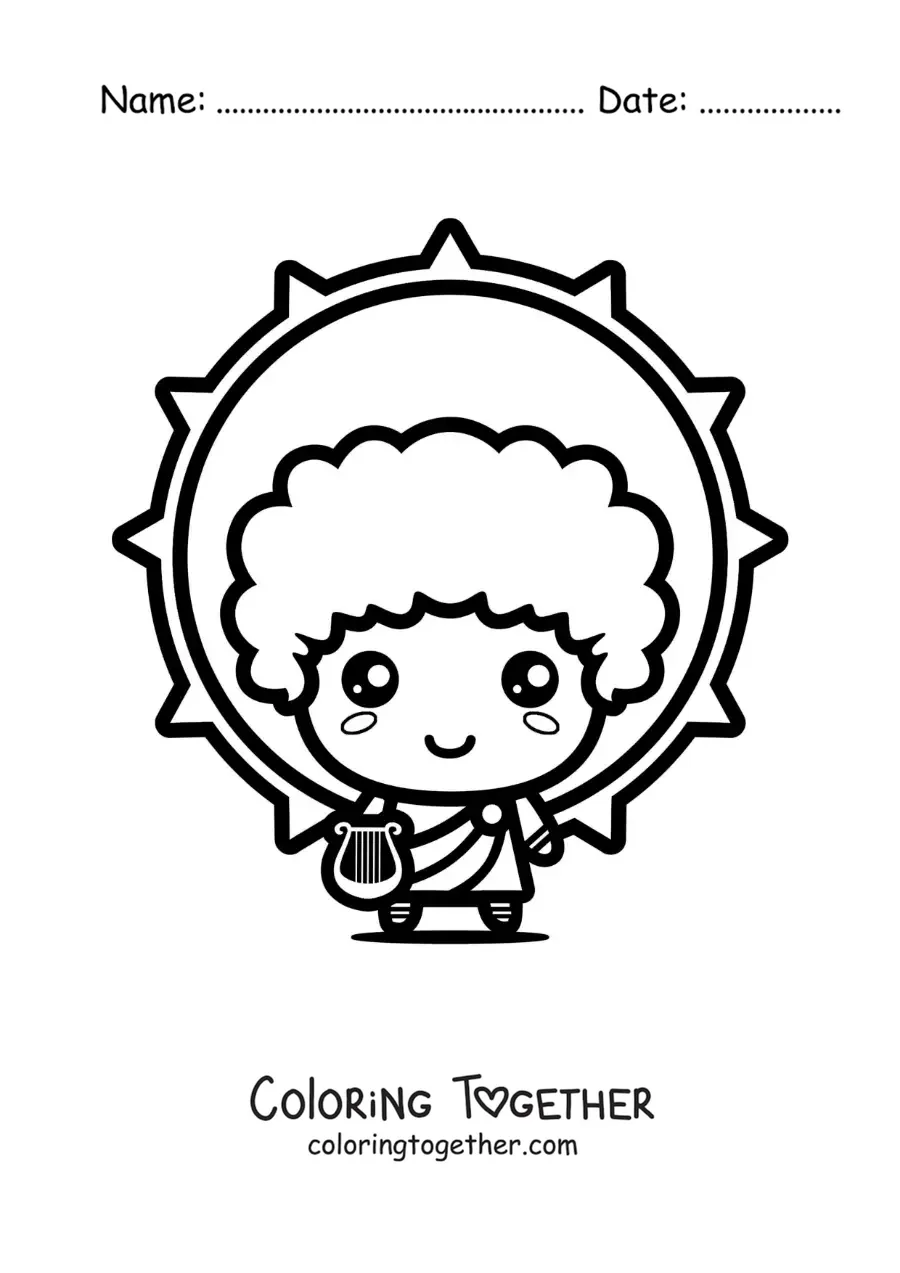 Coloring page of the god Apollo and the sun in kawaii cartoon style