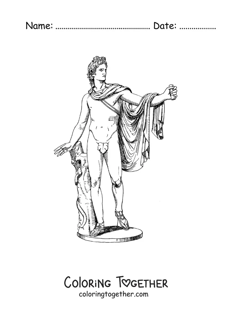 Coloring page of a realistic statue of the god Apollo