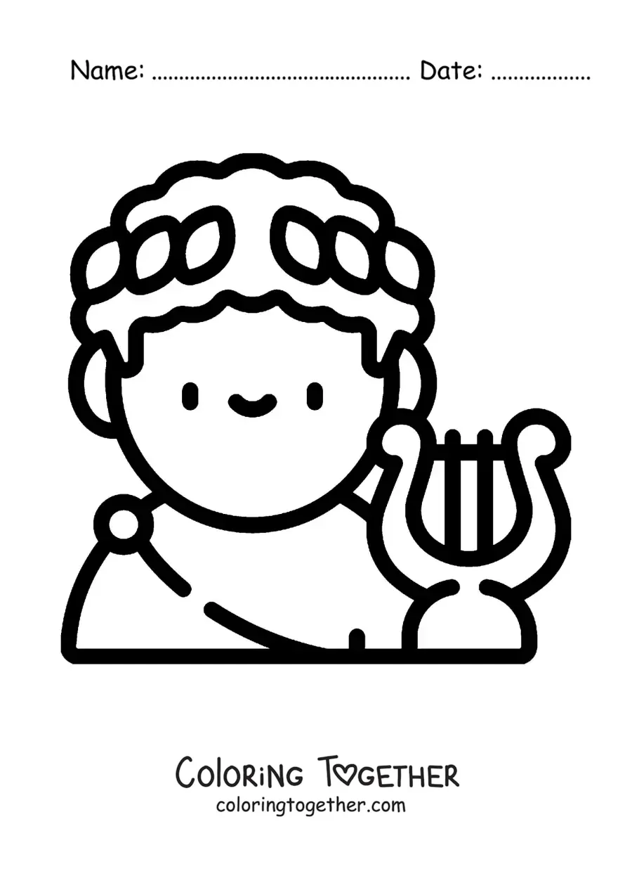 Coloring page of Apollo the Greek god in cartoon style with a lyre