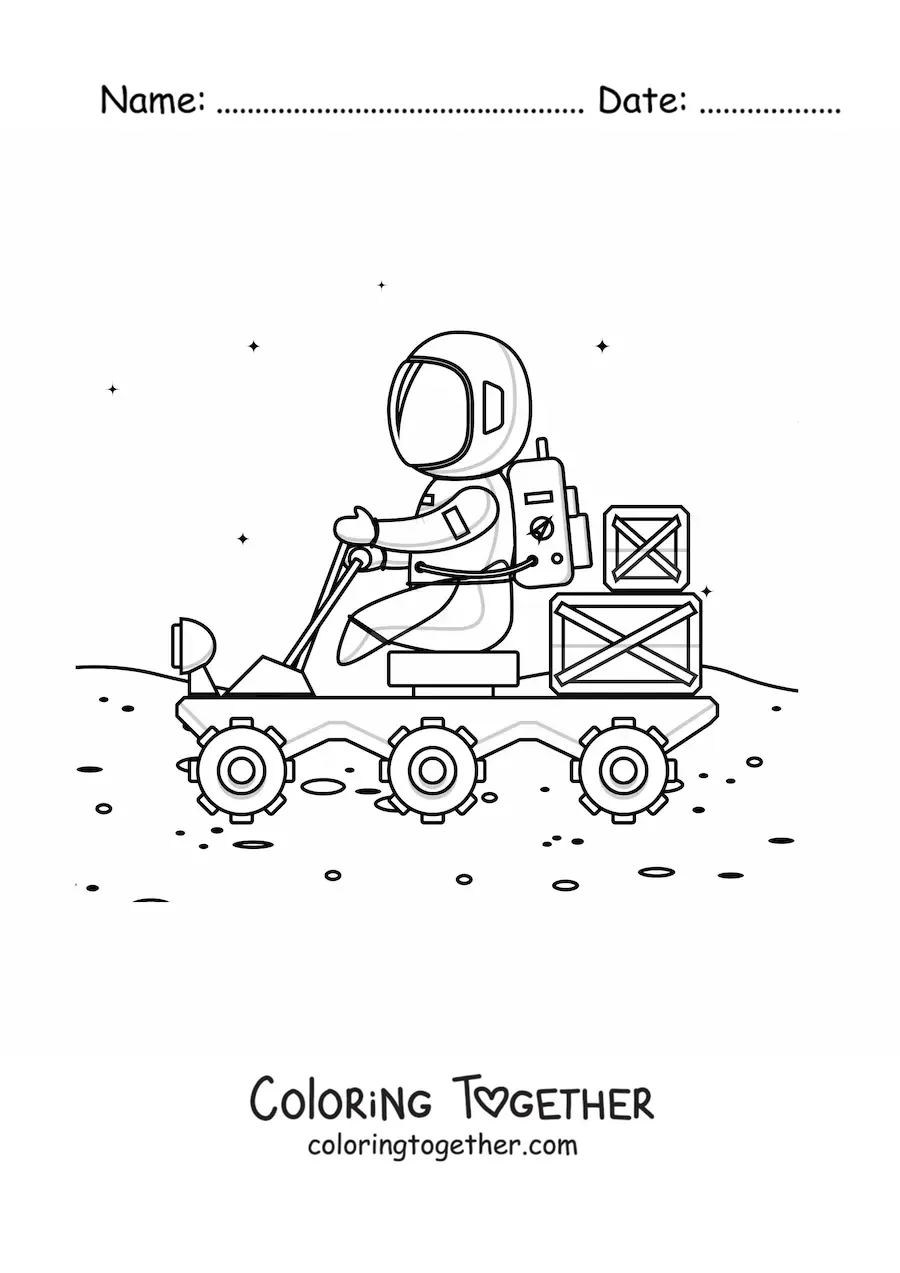Coloring page of an astronaut on the Mars rover