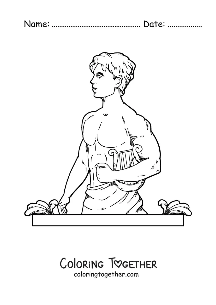 Coloring page of the realistic god Apollo with his lyre