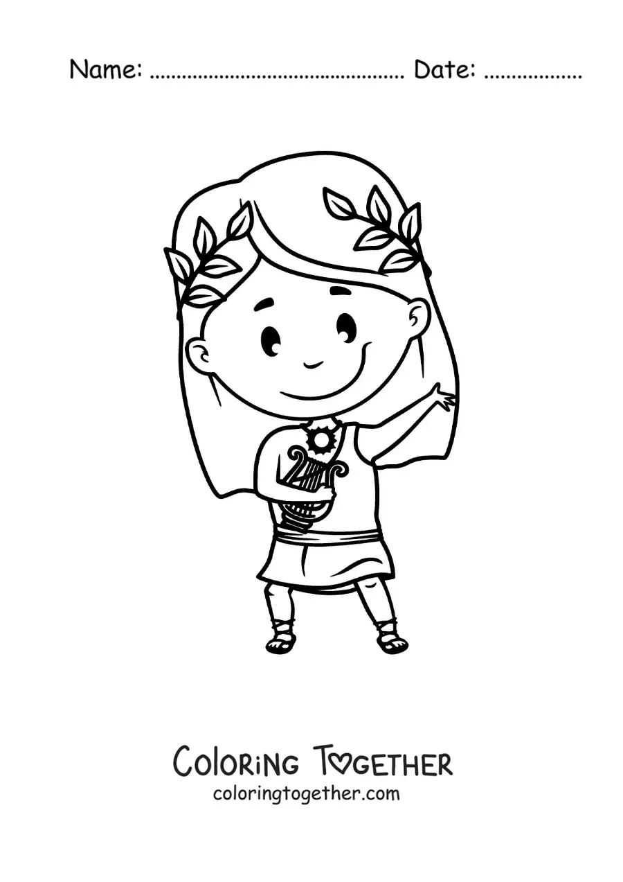 Coloring page of the god Apollo in cartoon style with his lyre