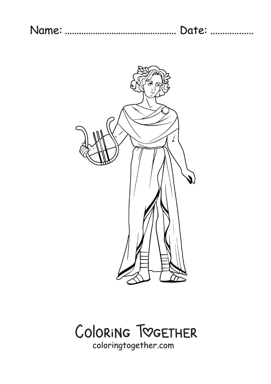 Coloring page of Apollo the god of Greek mythology with his lyre