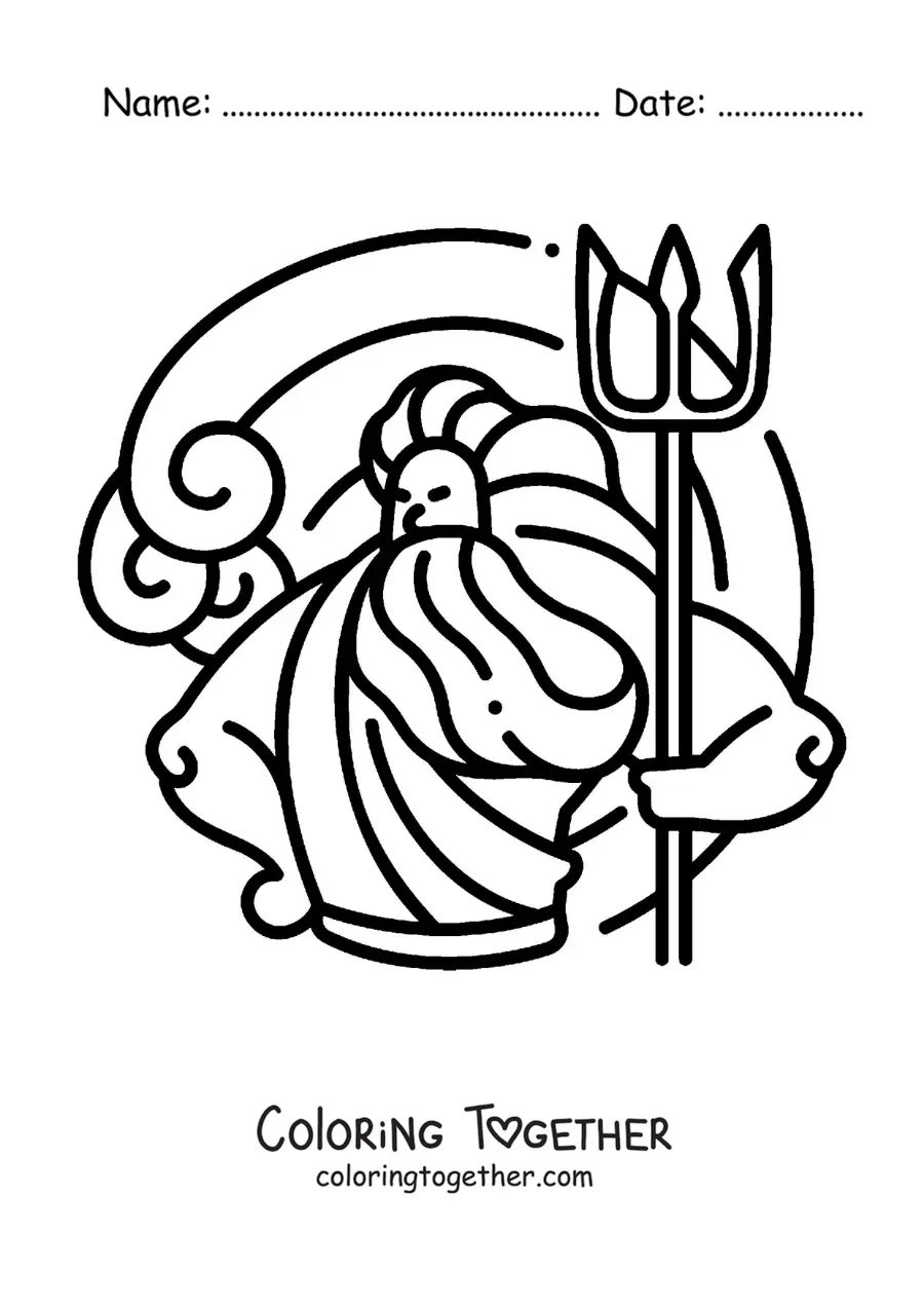 Coloring page of Poseidon the god of the sea in cartoon style
