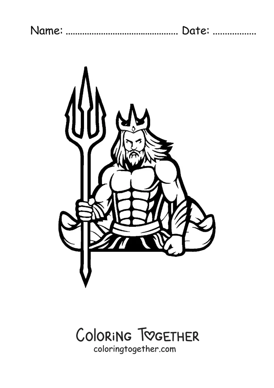 Coloring page of the Greek god Poseidon and his trident