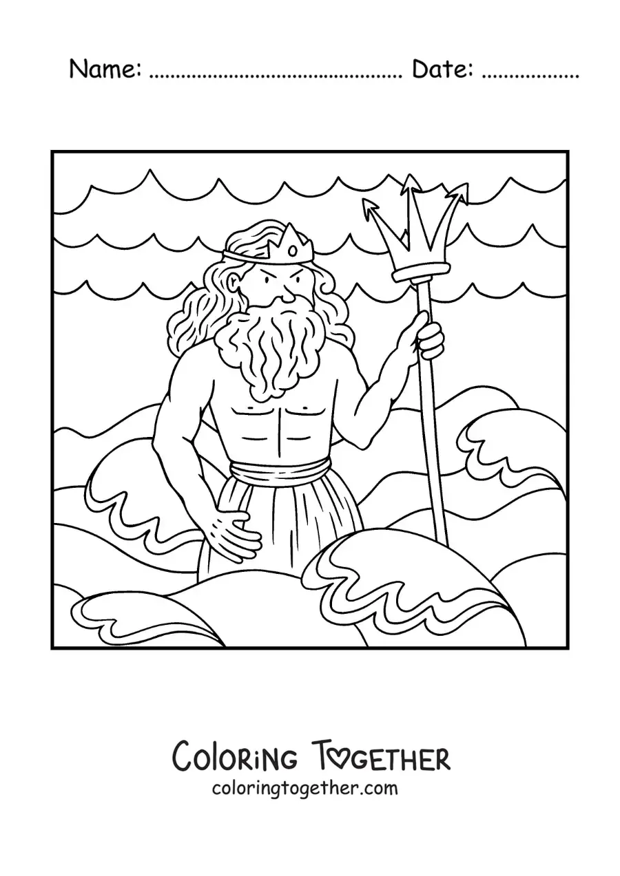 Coloring page of the god Poseidon in the sea in cartoon style