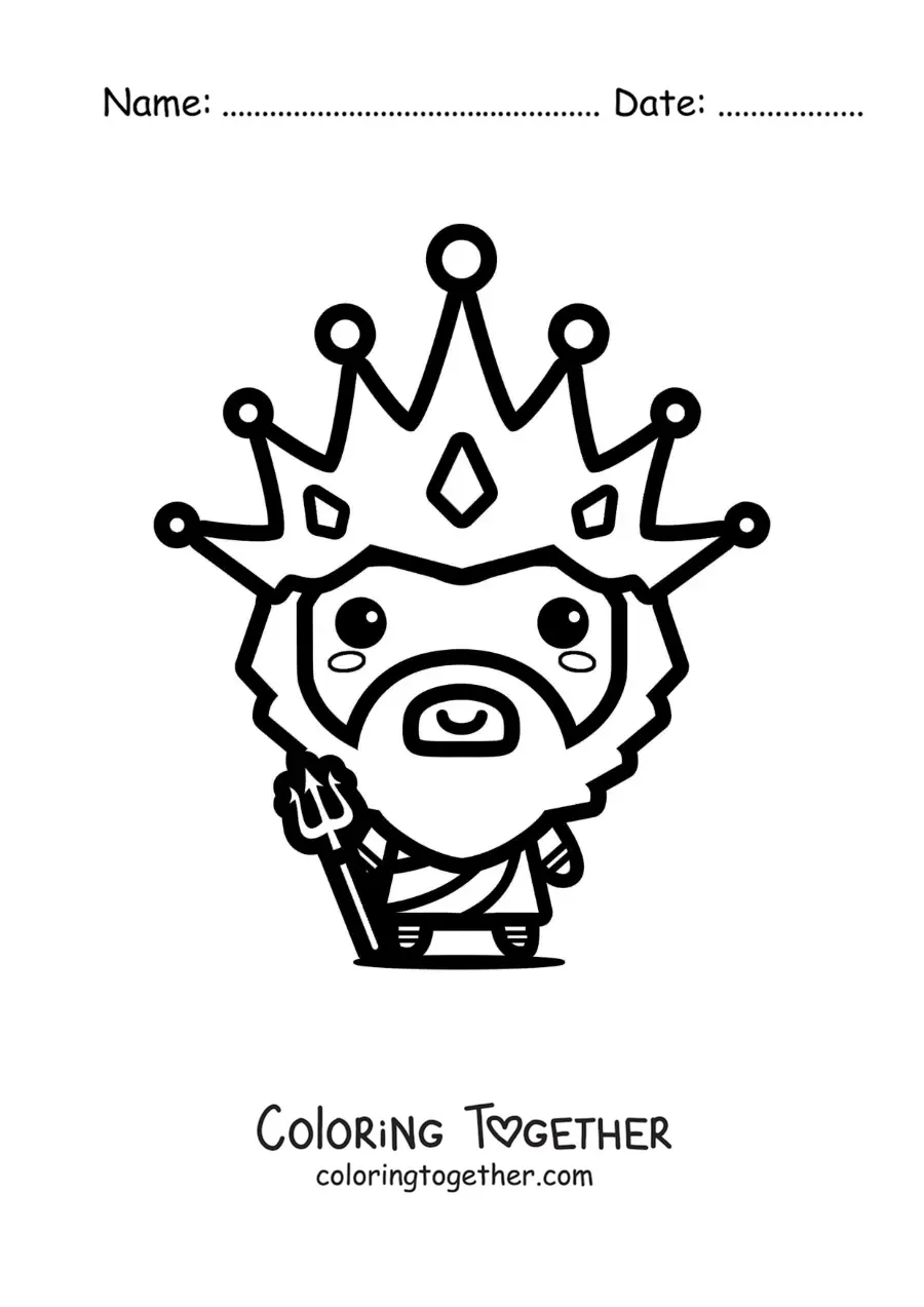 Coloring page of the god Poseidon in kawaii cartoon style