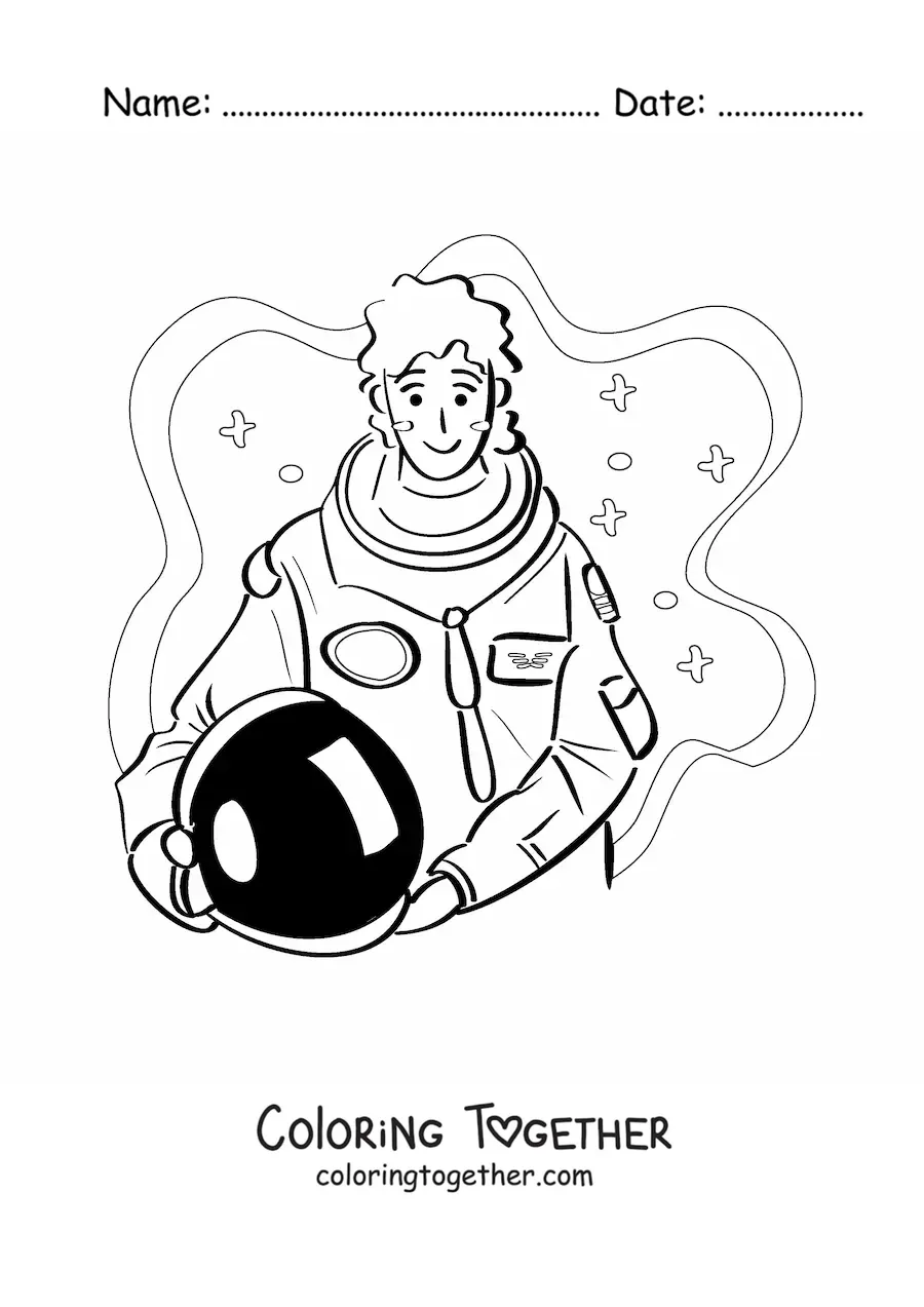 Coloring page of a woman astronaut without her space helmet