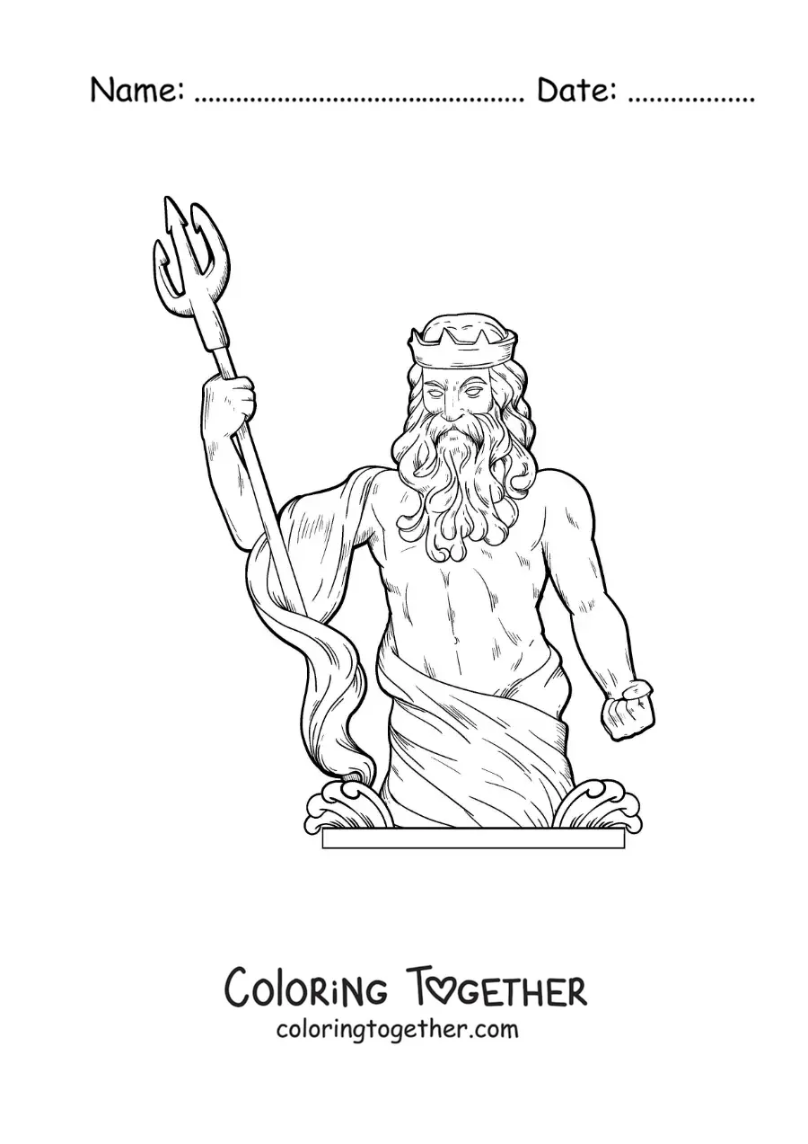 Coloring page of Poseidon the realistic sea god with his trident