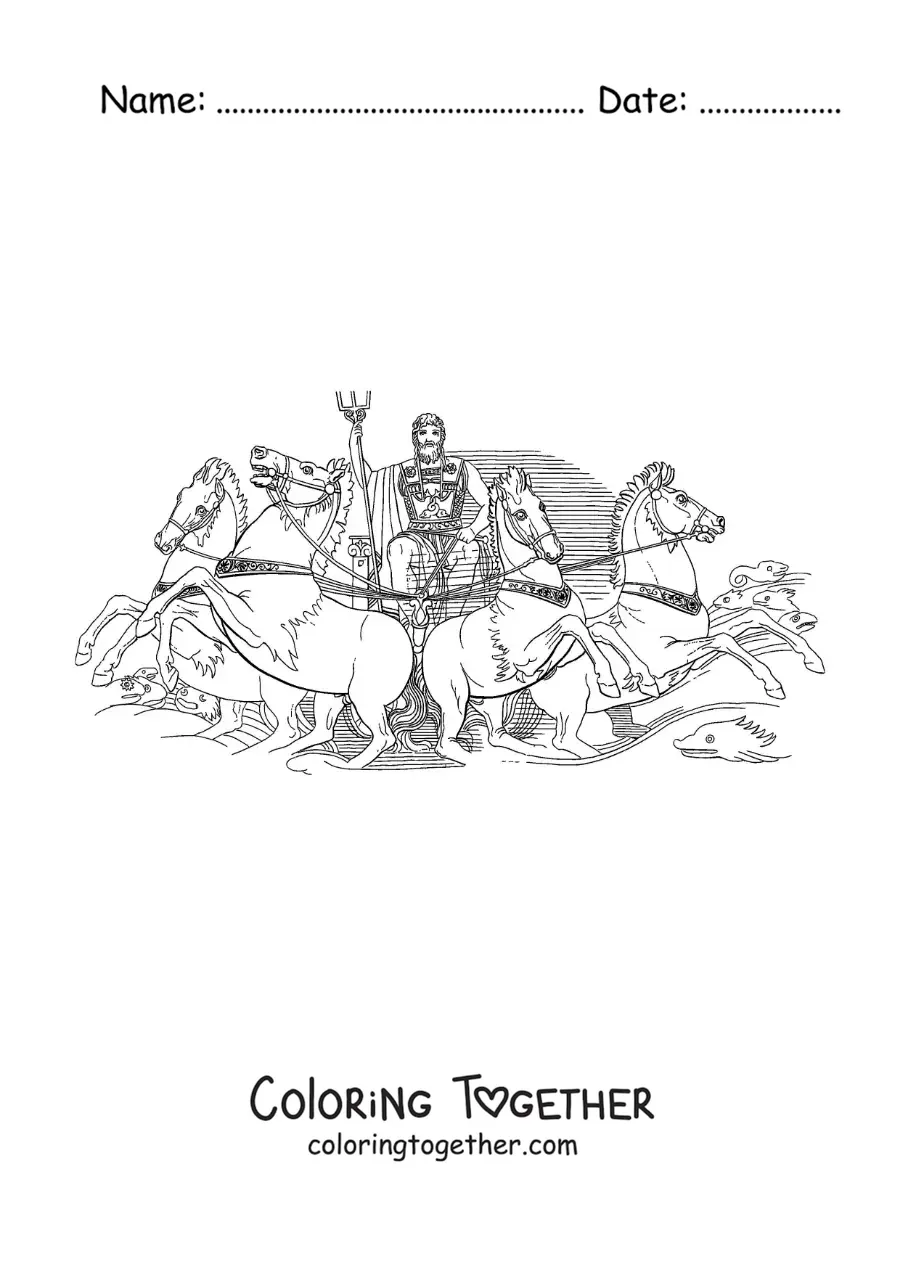 Coloring page of the god Poseidon with his trident and his horses