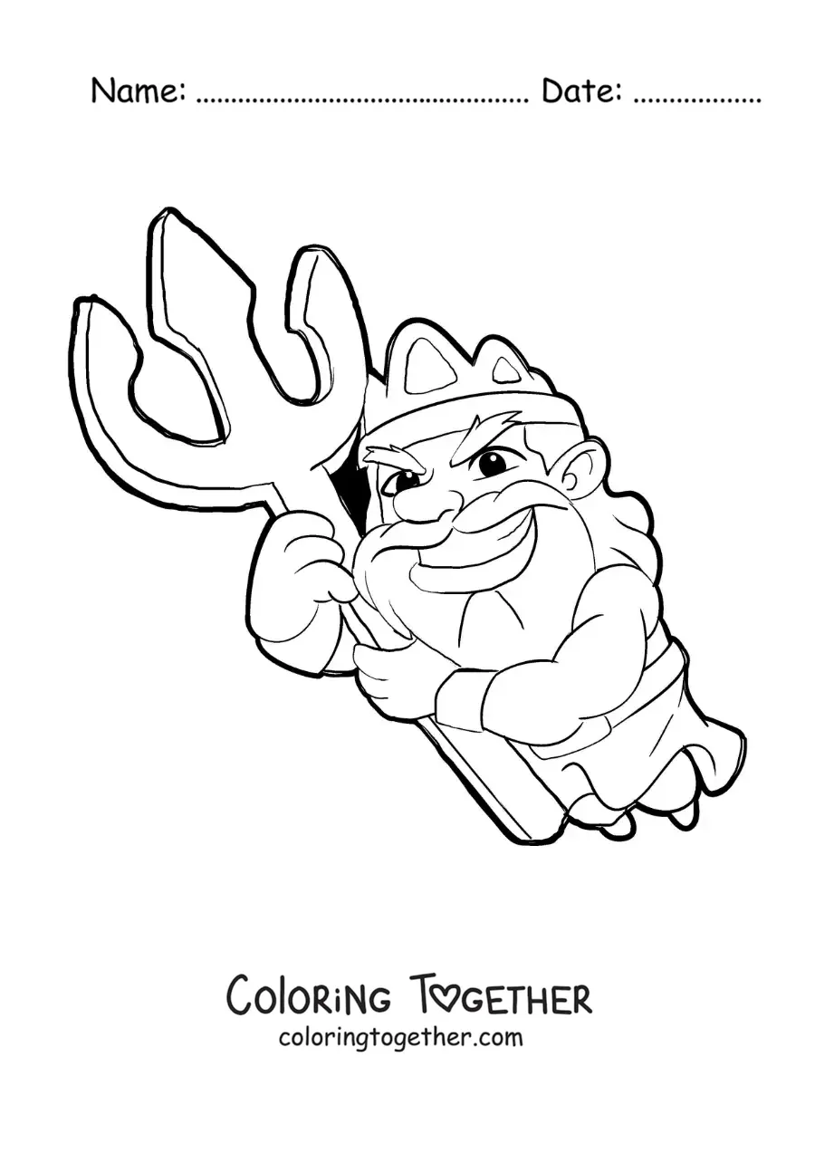 Coloring page of a cartoon of Poseidon with his trident