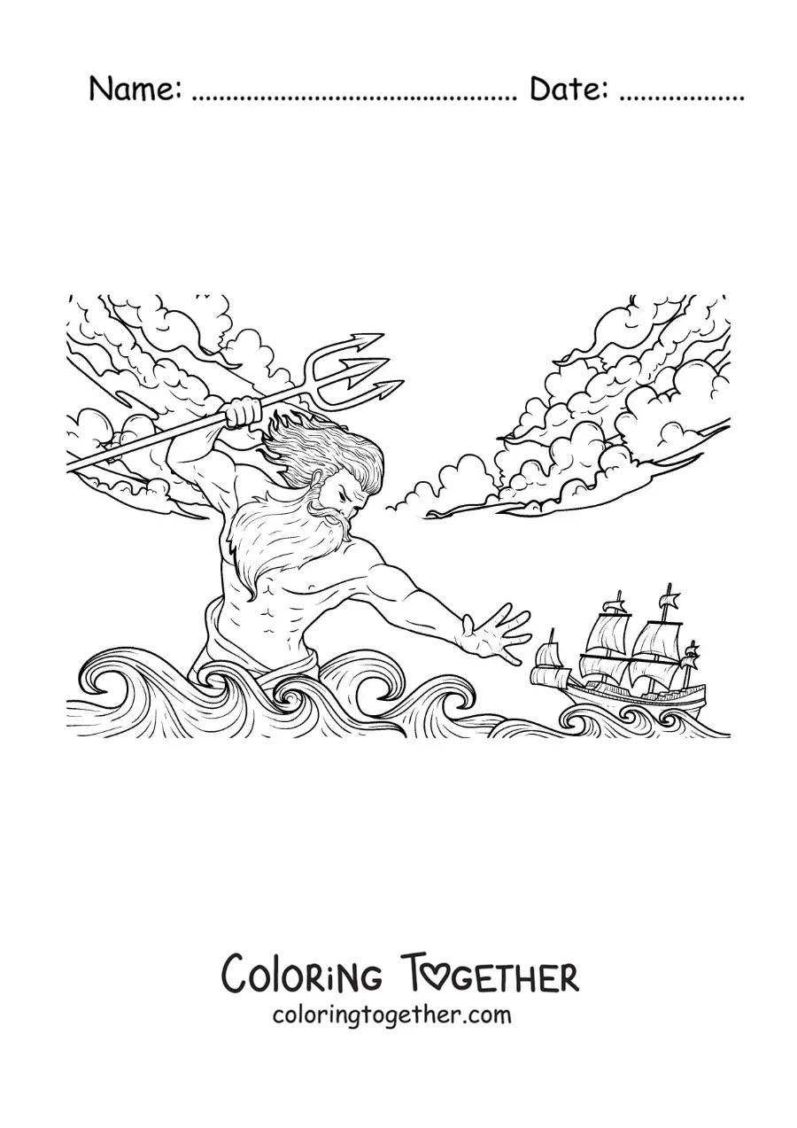 Coloring page of Poseidon controlling the sea to sink Odysseus's ship