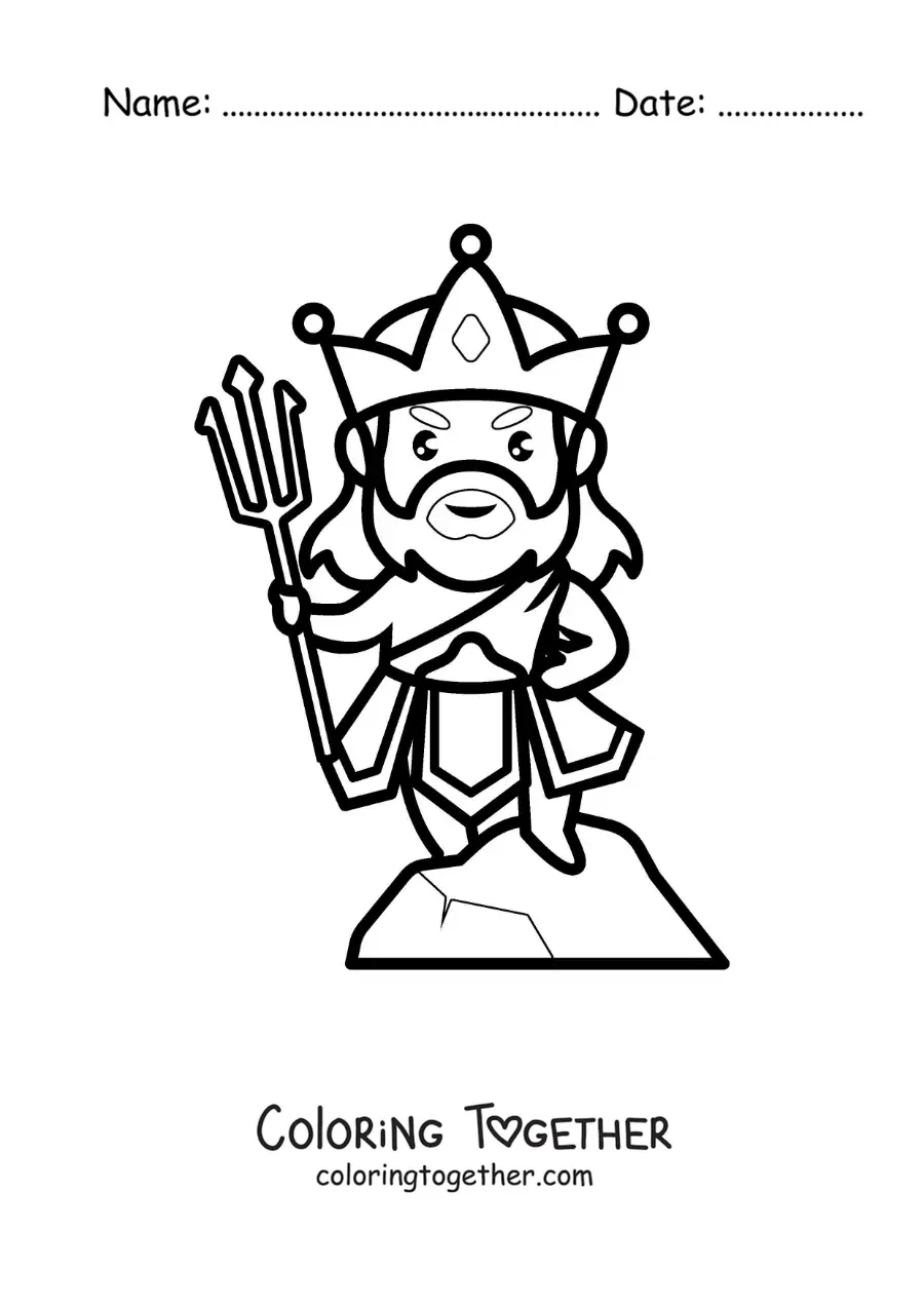 Coloring page of the sea god Poseidon in kawaii style