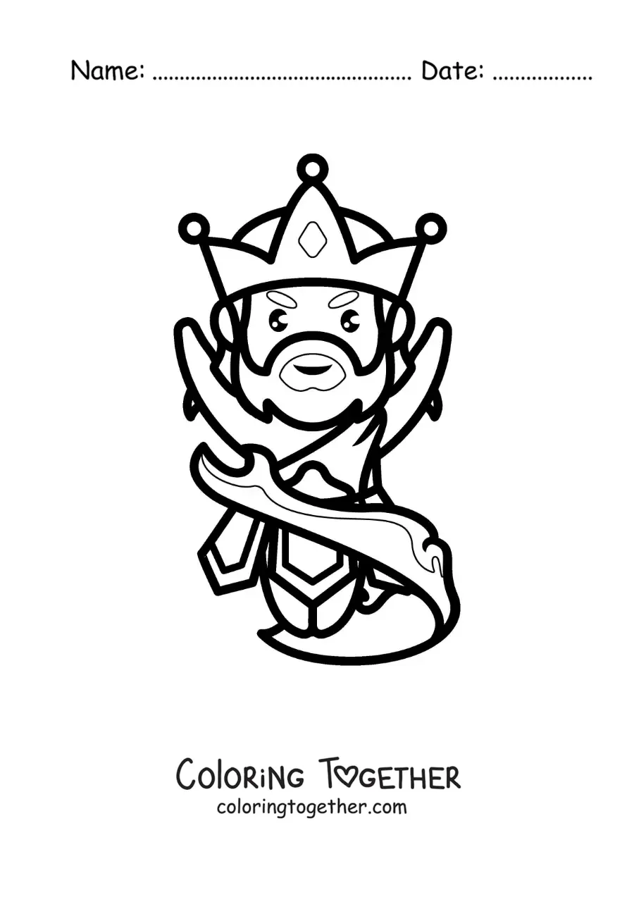 Coloring page of the god Poseidon in kawaii style controlling the sea