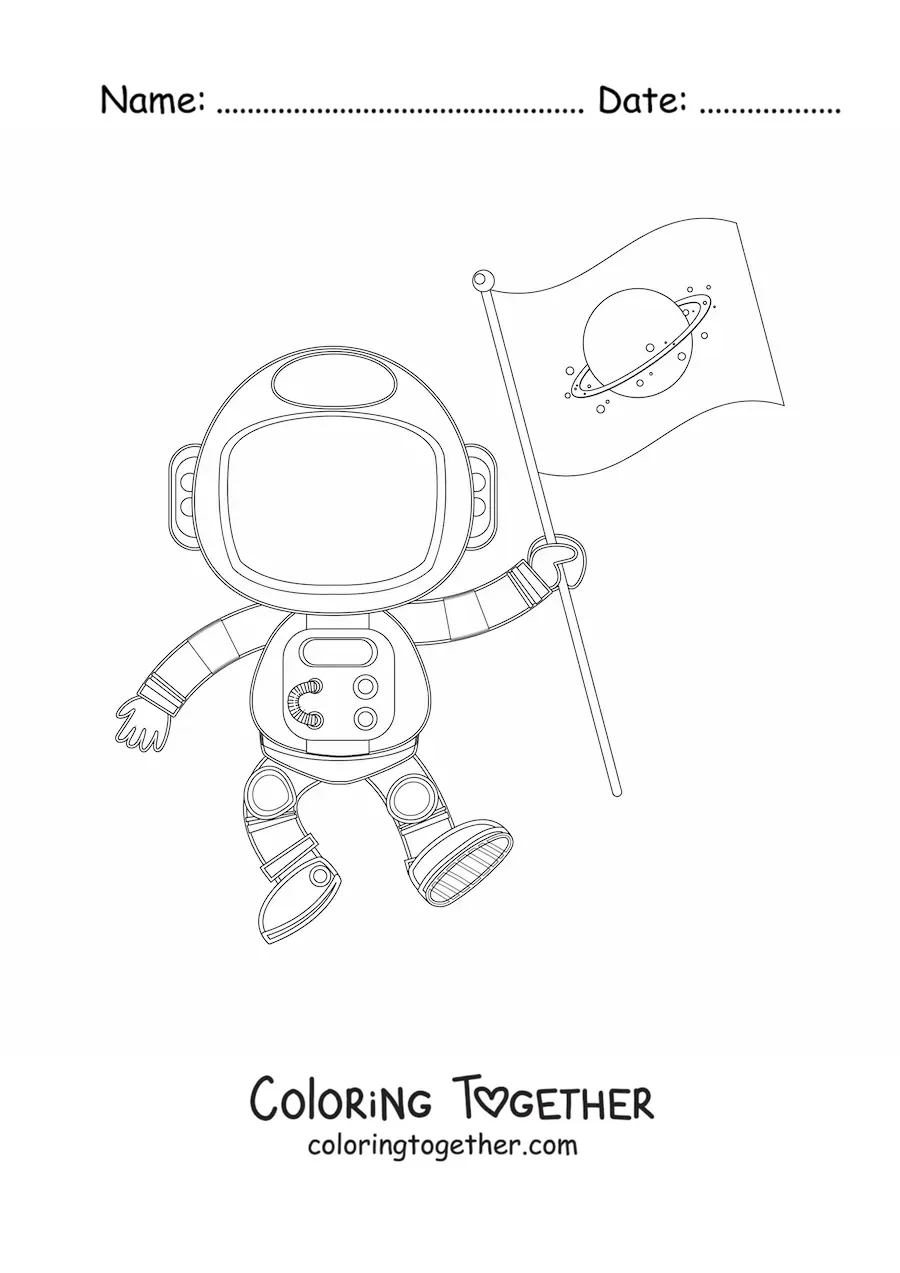 Coloring page of an animated astronaut holding a flag