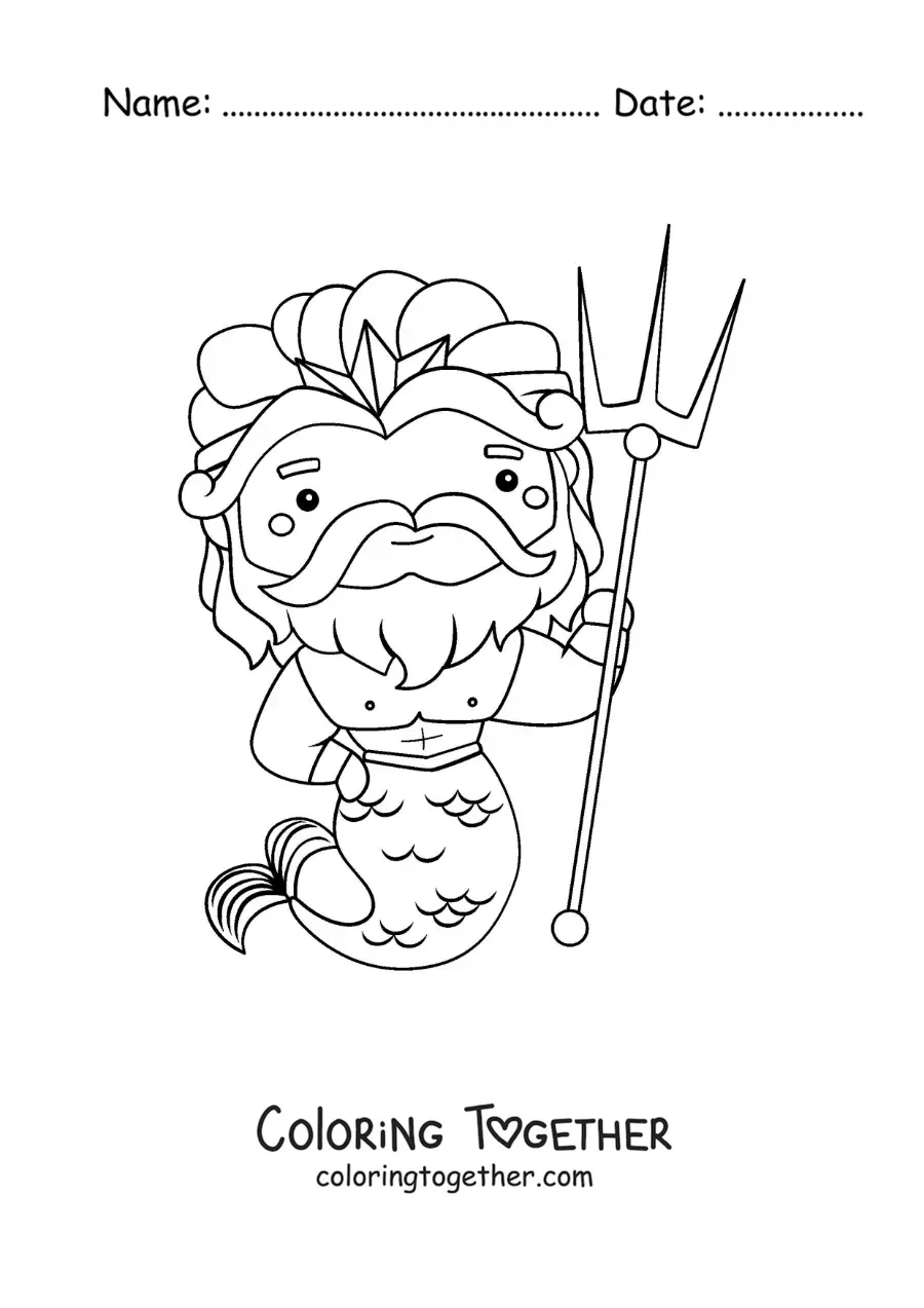 Coloring page of Poseidon in kawaii cartoon style with a trident