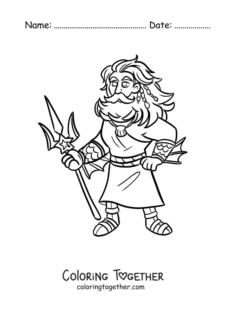 Coloring page of Poseidon the Olympian god in cartoon style