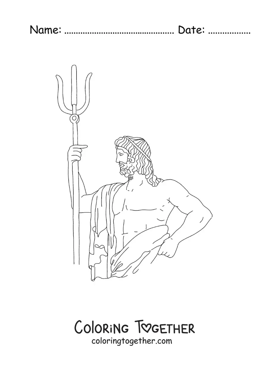 Coloring page of a Greek statue of Poseidon