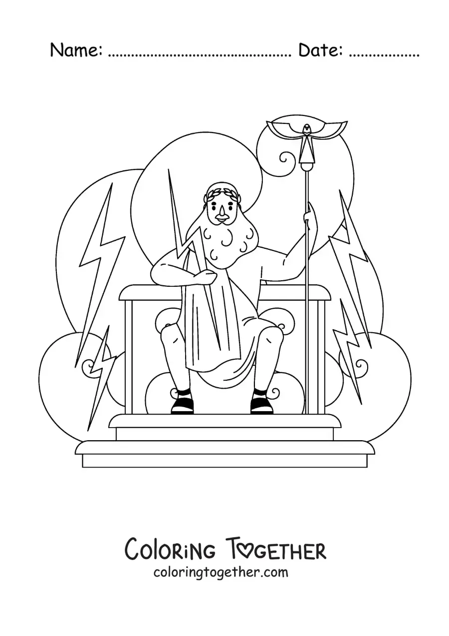 Coloring page of Zeus on his throne on Mount Olympus