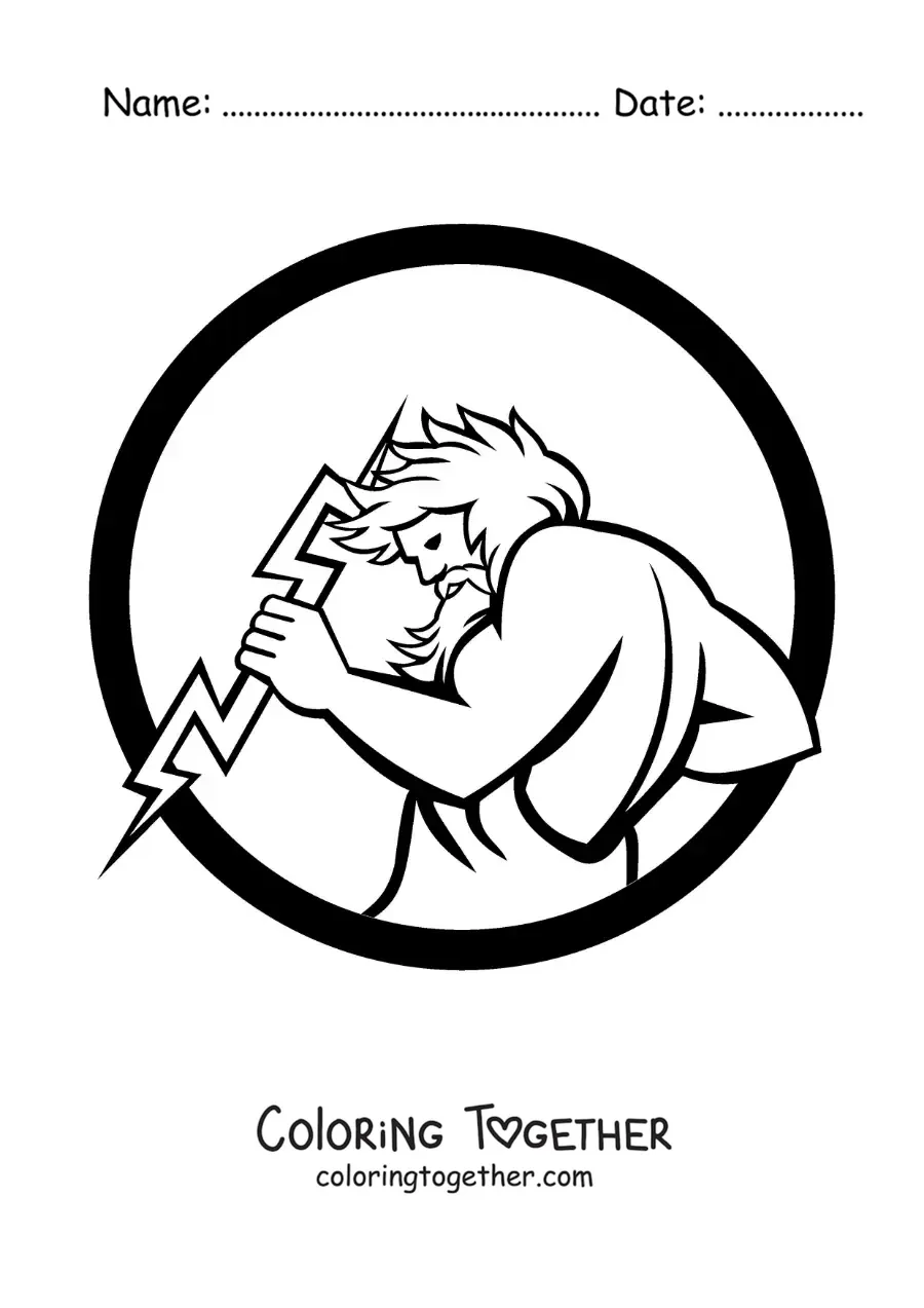 Coloring page of the god Zeus with a lightning bolt