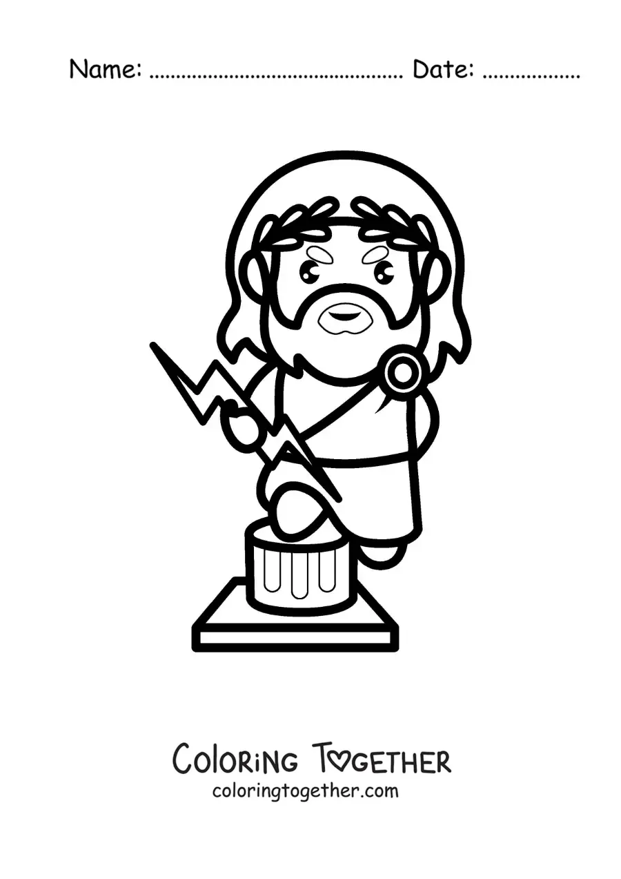 Coloring page of the god Zeus in kawaii cartoon style with a lightning bolt