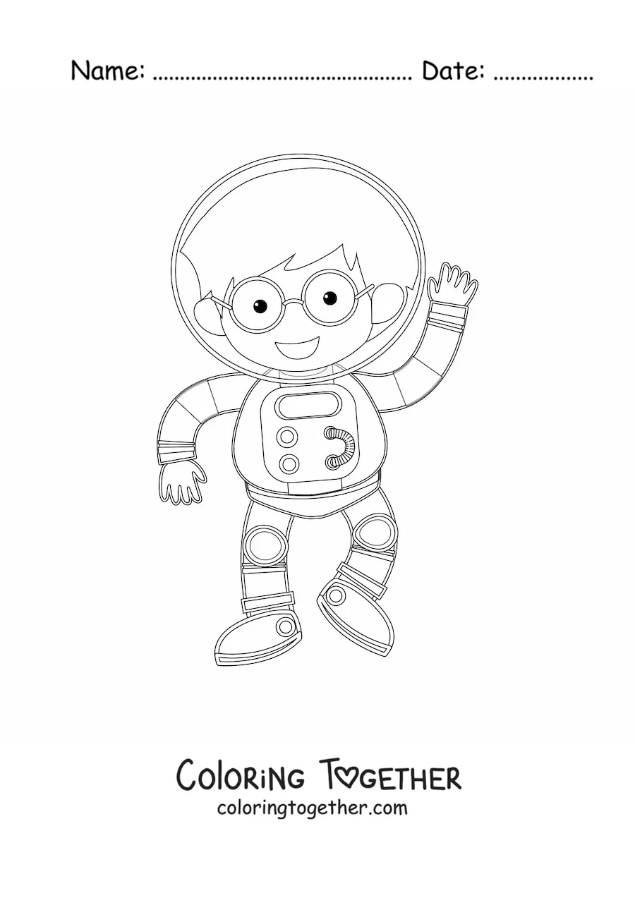 Coloring page of a boy astronaut waving