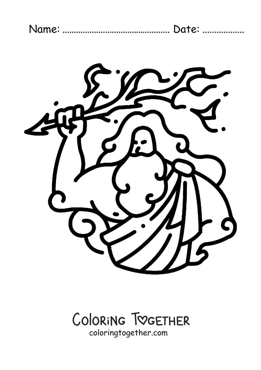 Coloring page of the Greek god Zeus in cartoon style hurling a lightning bolt