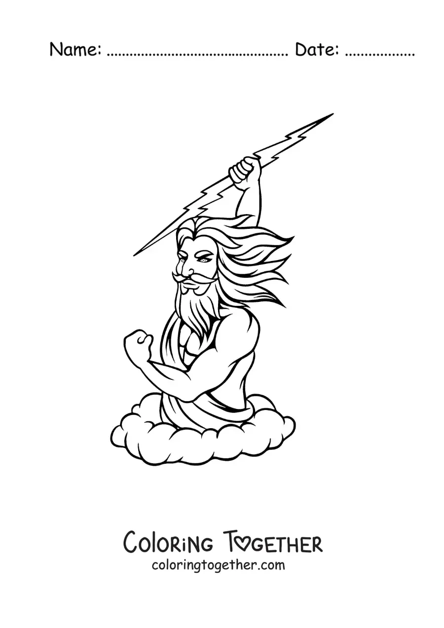 Coloring page of the Greek god Zeus hurling a lightning bolt in the sky