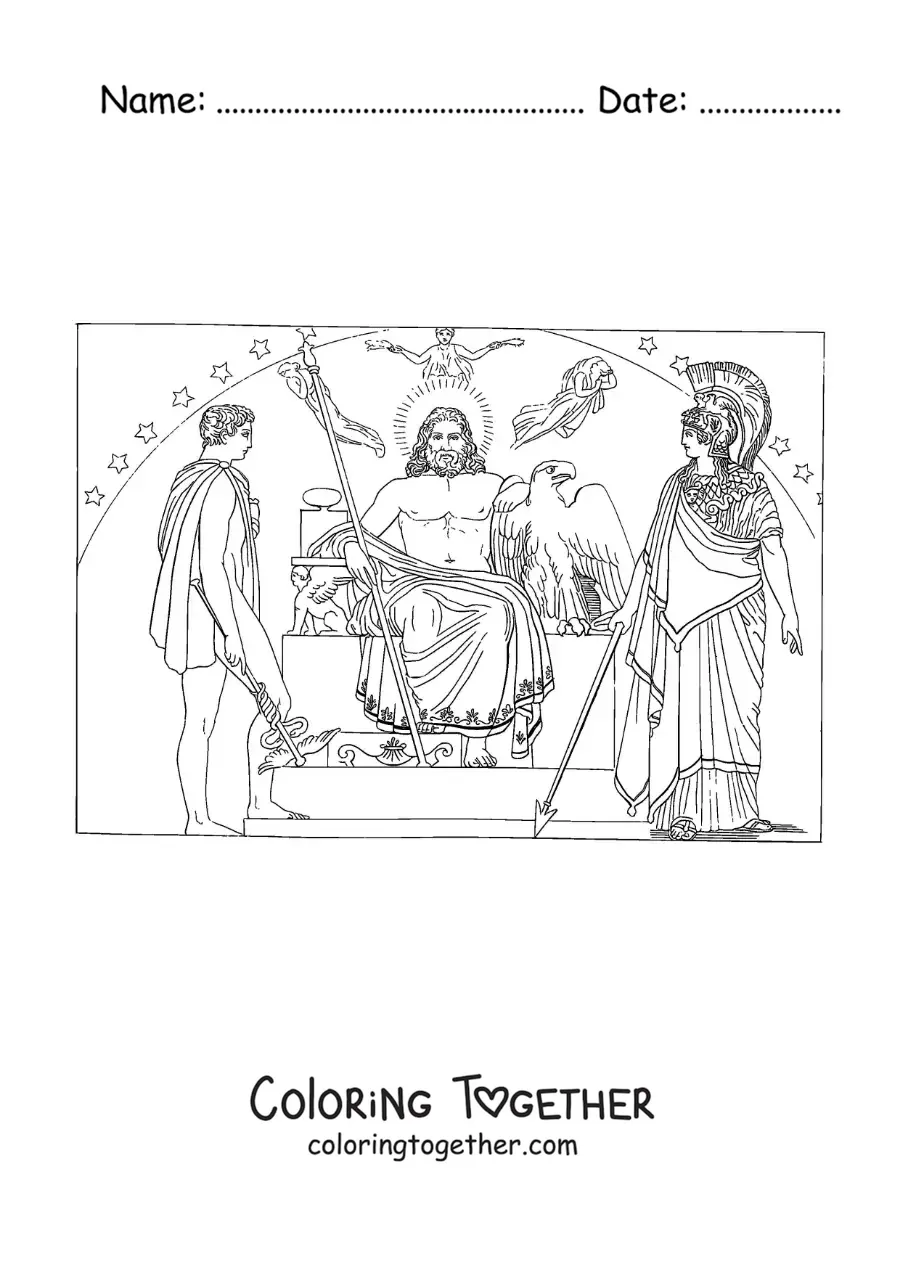 Coloring page of Zeus with Athena and Hermes on his throne on Mount Olympus