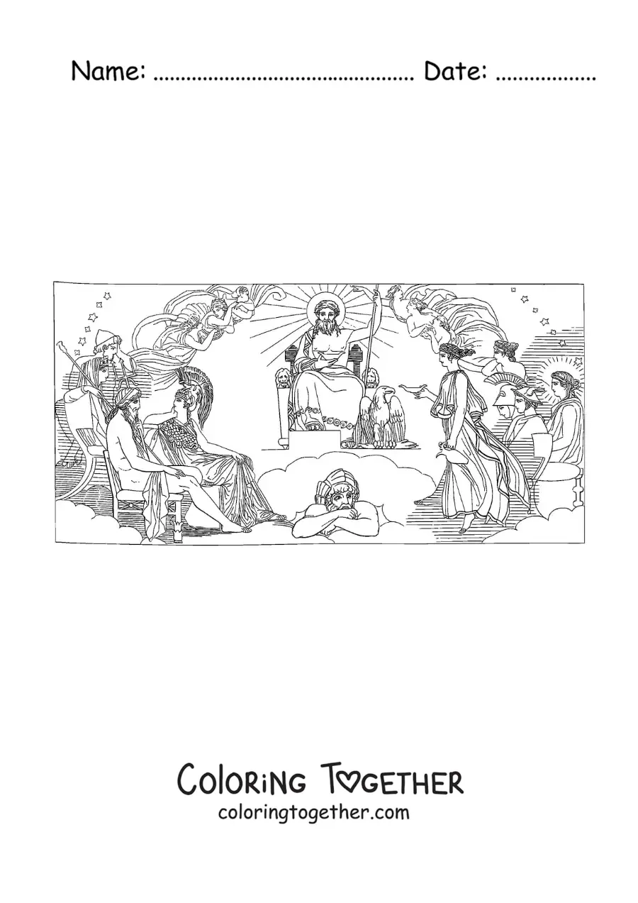Coloring page of Zeus and the Greek gods on Mount Olympus
