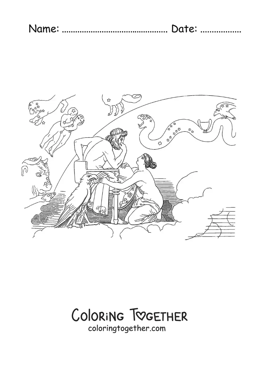 Coloring page of Thetis and Zeus on his throne
