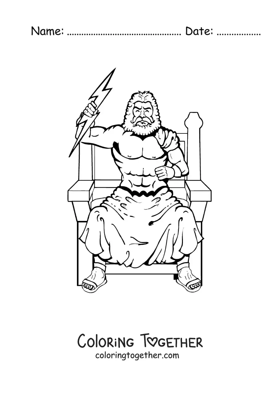 Coloring page of the god Zeus hurling a lightning bolt on his throne