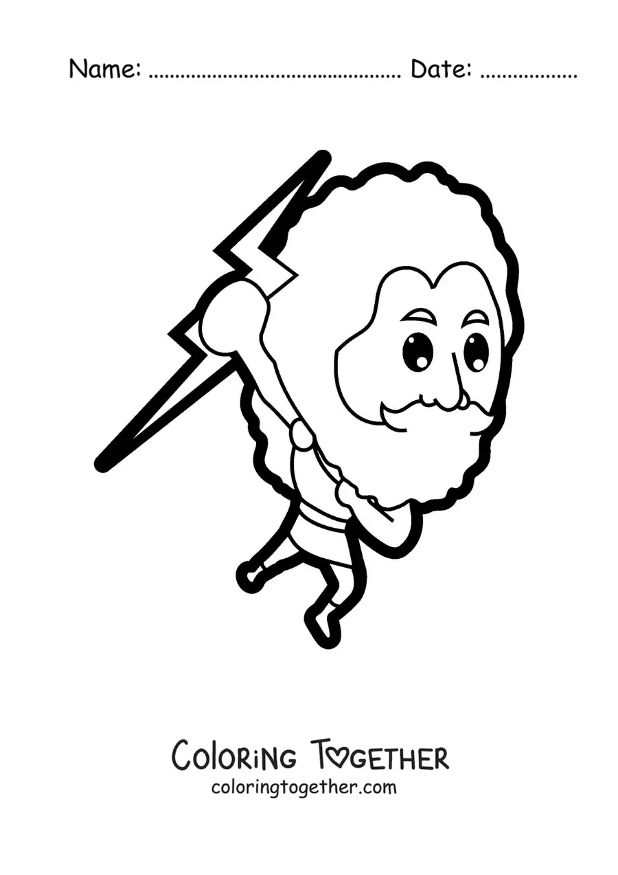 Coloring page of a cartoon of Zeus the Greek god throwing a lightning bolt