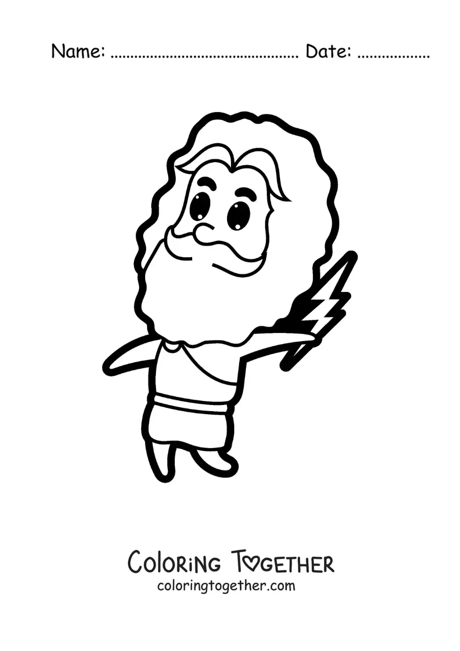 Coloring page of a cartoon of the god Zeus with a lightning bolt
