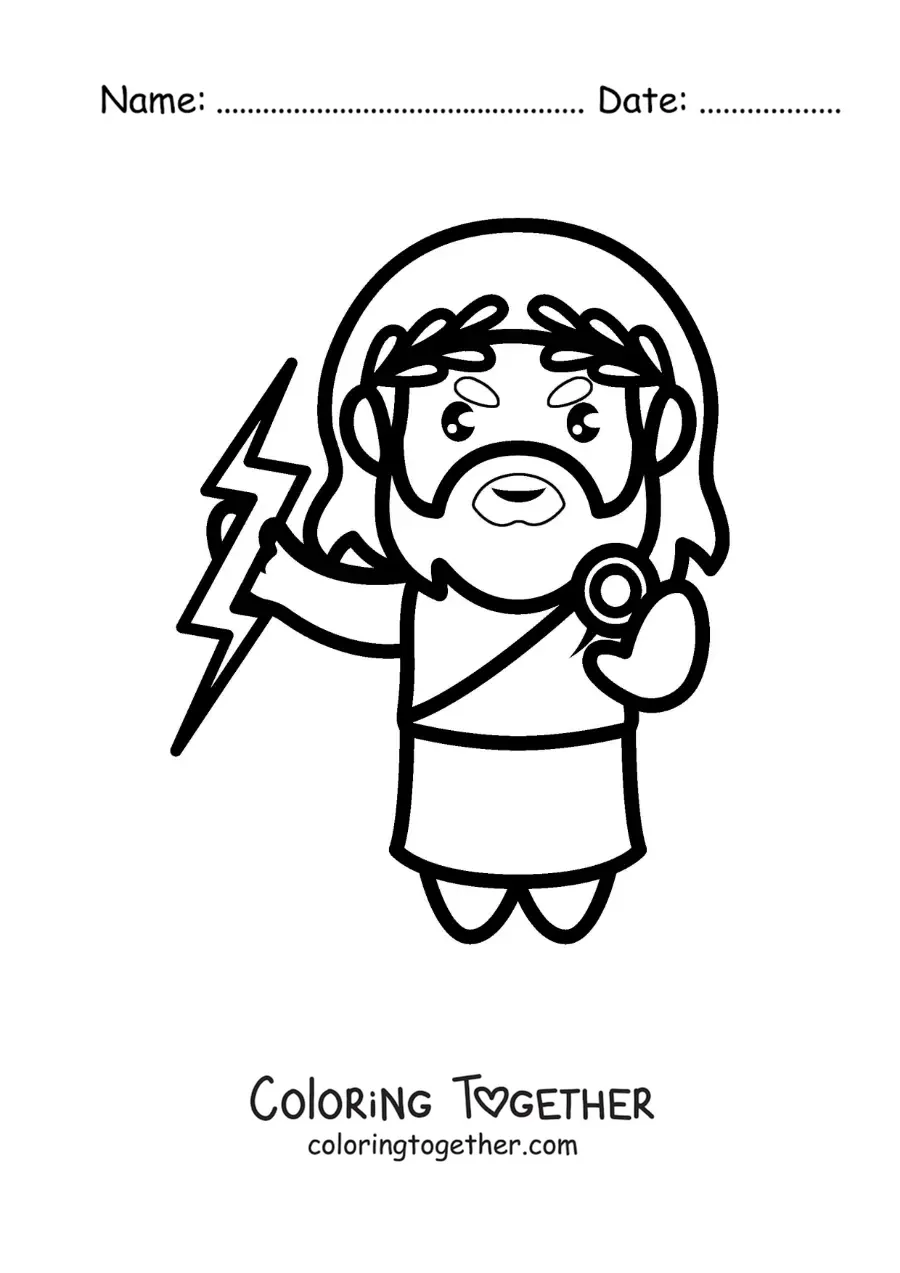 Coloring page of the god of Greek mythology Zeus in kawaii style with a lightning bolt