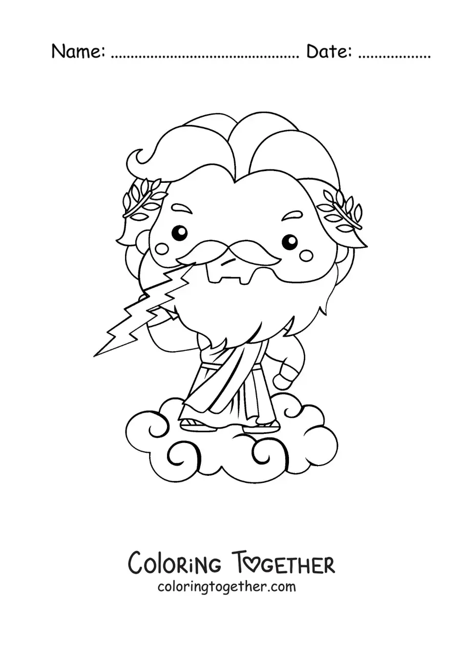 Coloring page of Zeus in kawaii cartoon style throwing a lightning bolt from a cloud