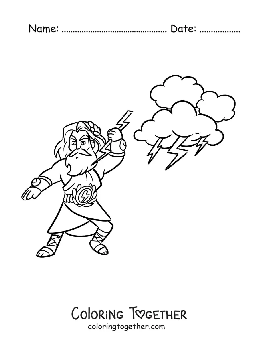 Coloring page of Zeus the Greek god in cartoon style throwing lightning bolts