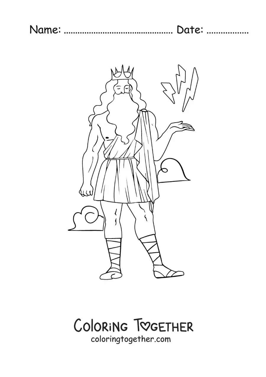 Coloring page of a cartoon Zeus controlling lightning